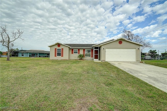 single story home with a garage and a front yard