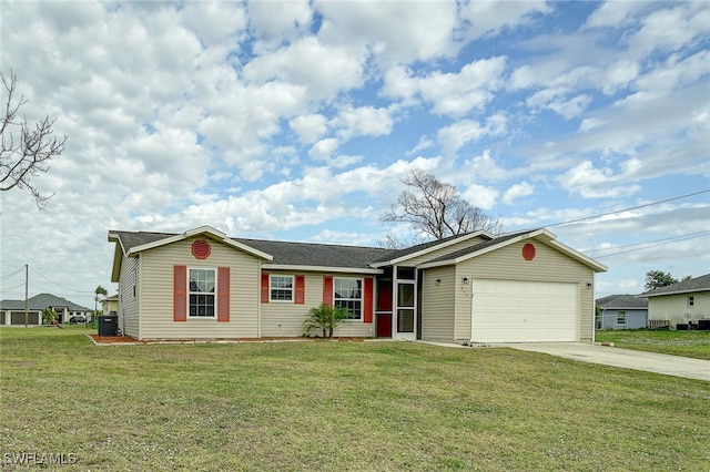 single story home with a garage, central AC unit, and a front yard