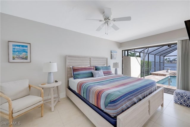 bedroom with access to outside, ceiling fan, and light tile patterned floors