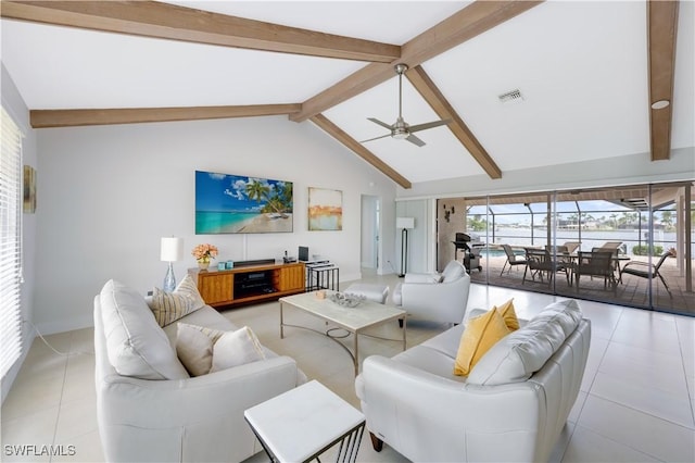 tiled living room with vaulted ceiling with beams and ceiling fan