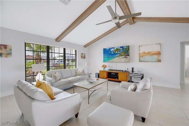 tiled living room with beamed ceiling, ceiling fan, and high vaulted ceiling