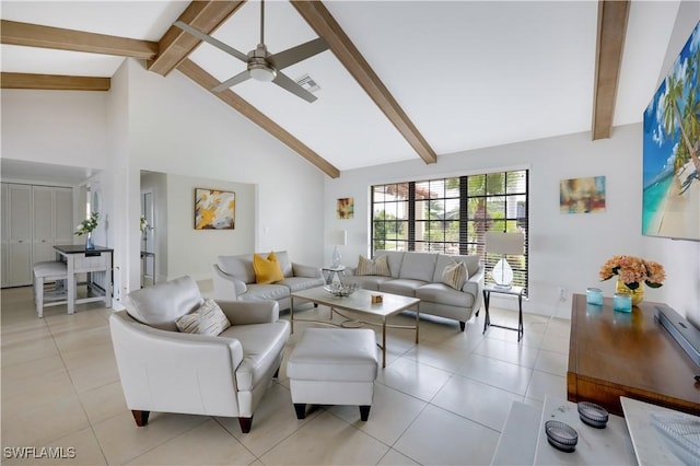 living room with light tile patterned floors, beam ceiling, high vaulted ceiling, and ceiling fan