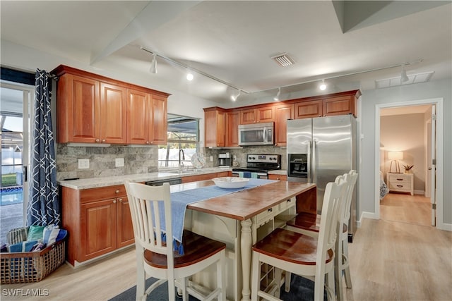 kitchen featuring decorative backsplash, stainless steel appliances, a center island, and light wood-type flooring