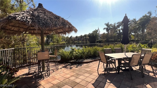 view of patio / terrace featuring a water view