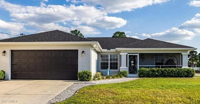 ranch-style house with a garage and a front lawn