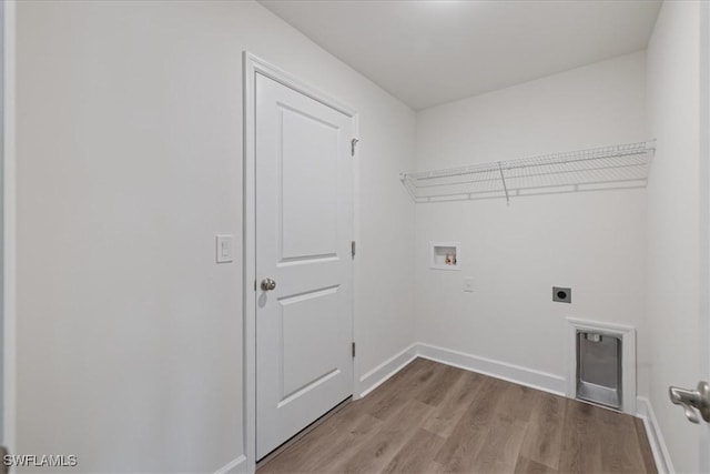 laundry room with hookup for a washing machine, electric dryer hookup, and light hardwood / wood-style flooring