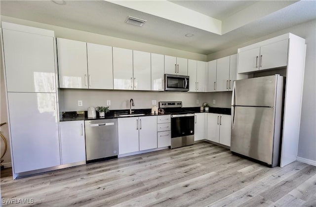 kitchen featuring white cabinetry, sink, stainless steel appliances, and light hardwood / wood-style floors