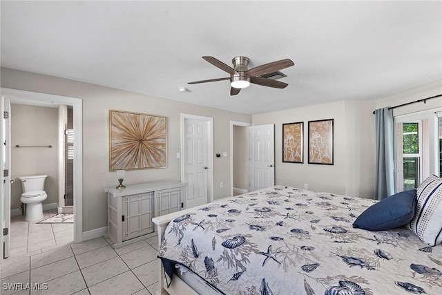 tiled bedroom featuring access to outside, ceiling fan, and ensuite bathroom