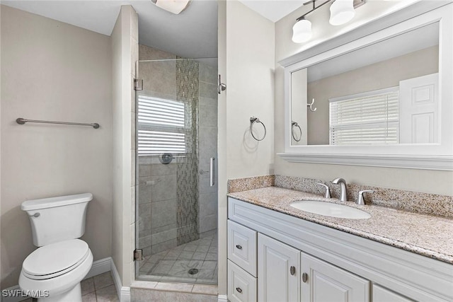 bathroom featuring tile patterned floors, vanity, toilet, and an enclosed shower