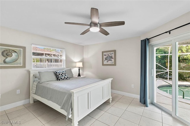 bedroom with multiple windows, light tile patterned floors, access to outside, and ceiling fan