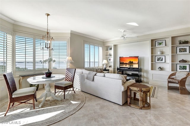 living room featuring ornamental molding, light tile patterned flooring, ceiling fan with notable chandelier, and built in shelves