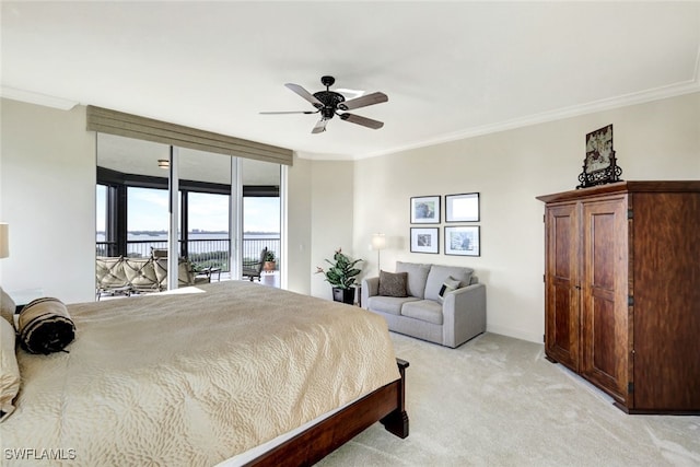 carpeted bedroom with ornamental molding, access to exterior, and ceiling fan