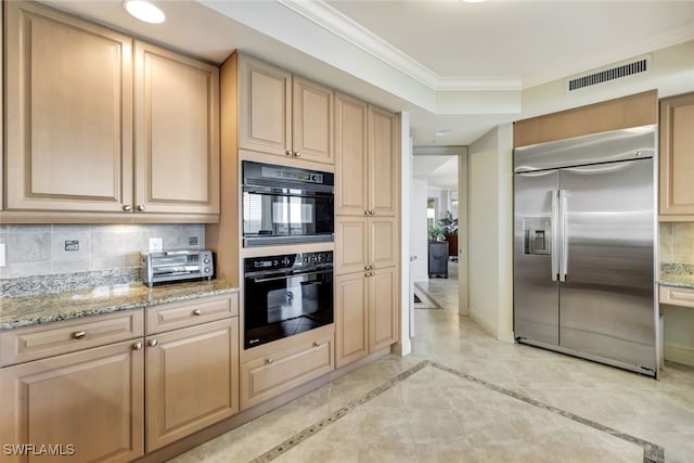 kitchen with built in fridge, light brown cabinetry, tasteful backsplash, black double oven, and crown molding