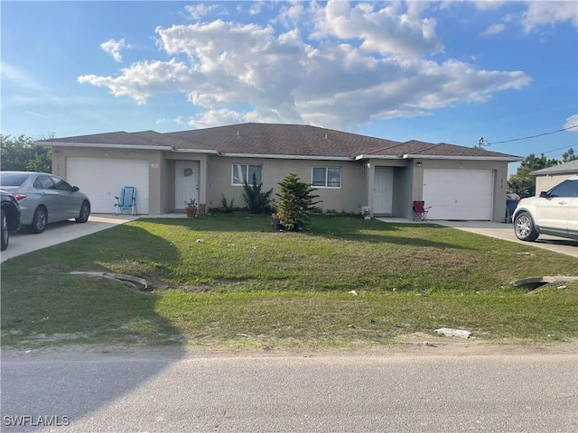 single story home with a garage and a front yard