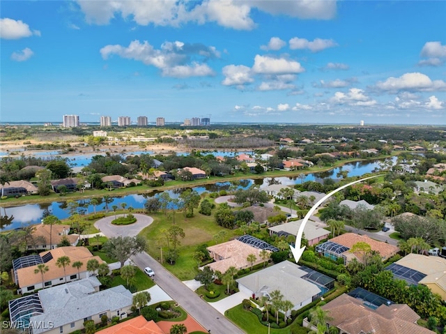 bird's eye view with a water view