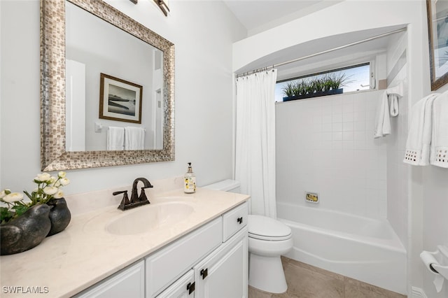 full bathroom with tile patterned flooring, vanity, shower / bath combo, and toilet