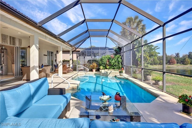 view of pool with an outdoor living space, a patio, a lanai, and a water view