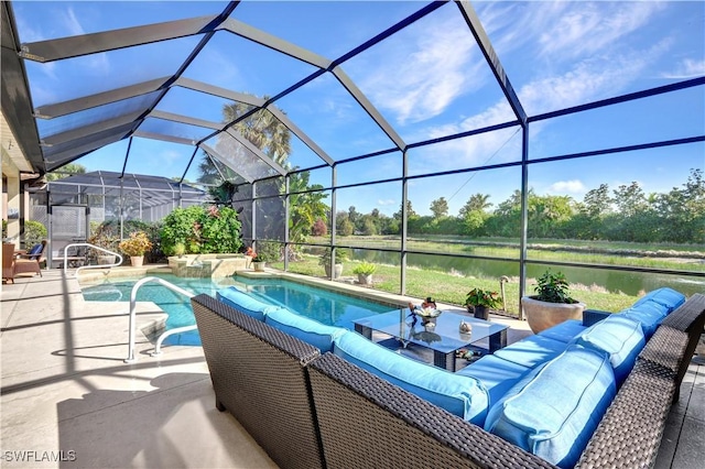 view of swimming pool featuring a water view, a patio, and glass enclosure