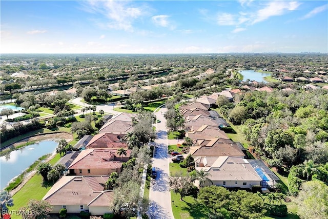 drone / aerial view featuring a water view