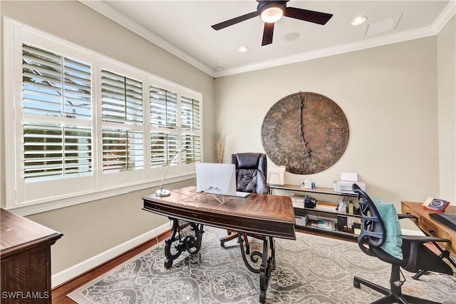 home office with crown molding, wood-type flooring, and ceiling fan