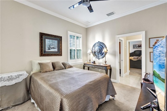 carpeted bedroom with crown molding and ceiling fan