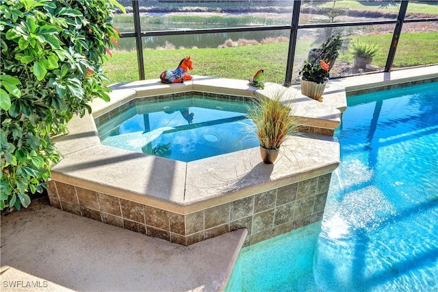 view of swimming pool featuring a water view and glass enclosure