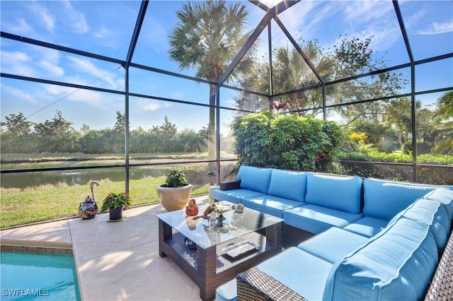 view of patio with a water view, an outdoor hangout area, and glass enclosure