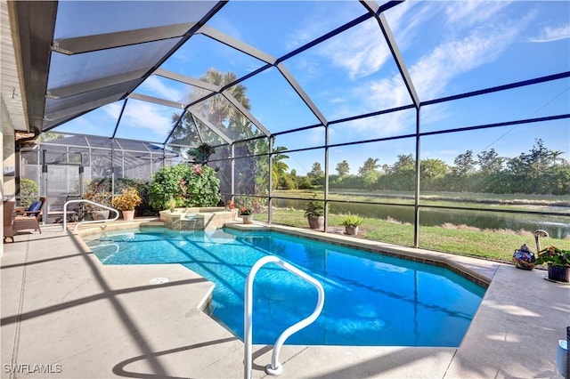 view of pool with an in ground hot tub, glass enclosure, and a patio