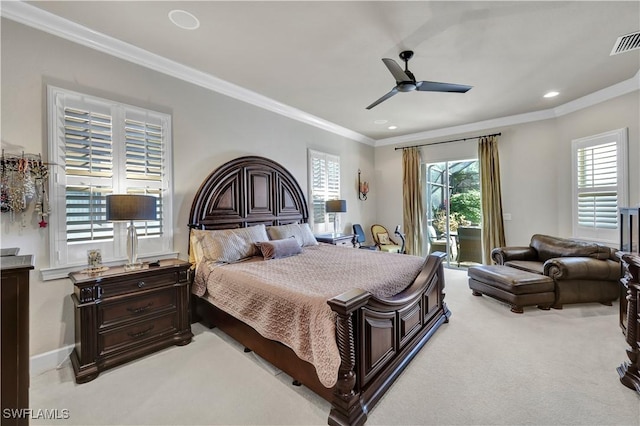 bedroom with light carpet, crown molding, access to outside, and ceiling fan