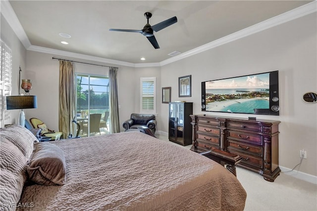 bedroom featuring ornamental molding, carpet floors, access to outside, and ceiling fan