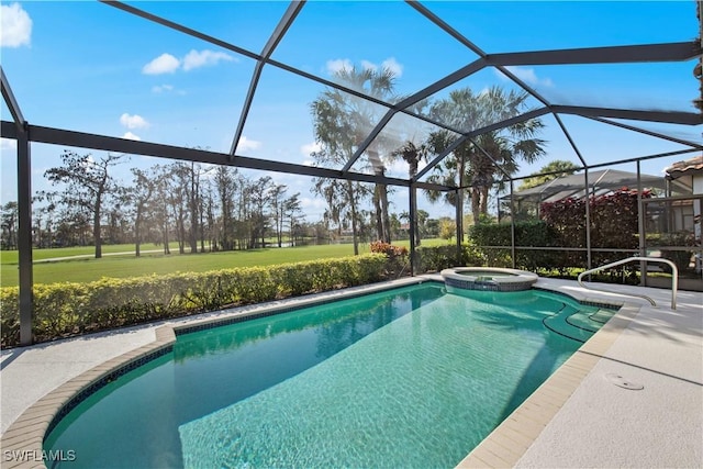 view of pool with a lanai, a patio, and an in ground hot tub