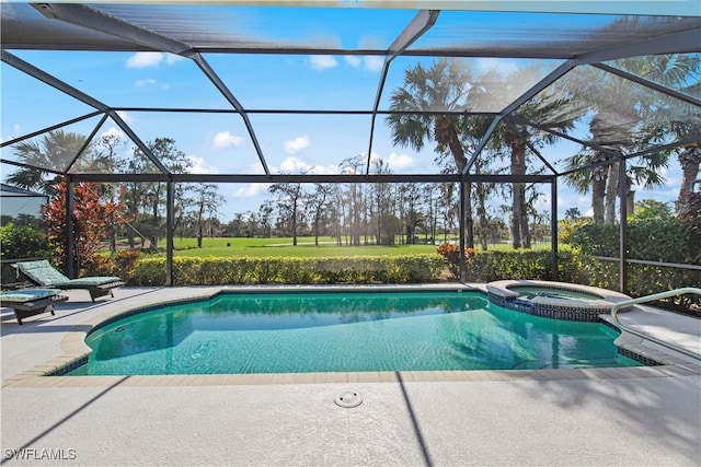 view of pool featuring an in ground hot tub, a patio, and glass enclosure