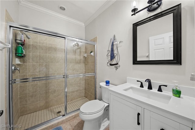 bathroom with vanity, an enclosed shower, crown molding, and toilet