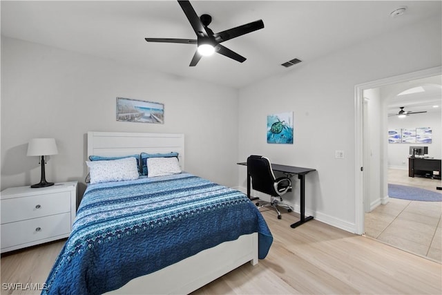 bedroom with ceiling fan and light hardwood / wood-style flooring