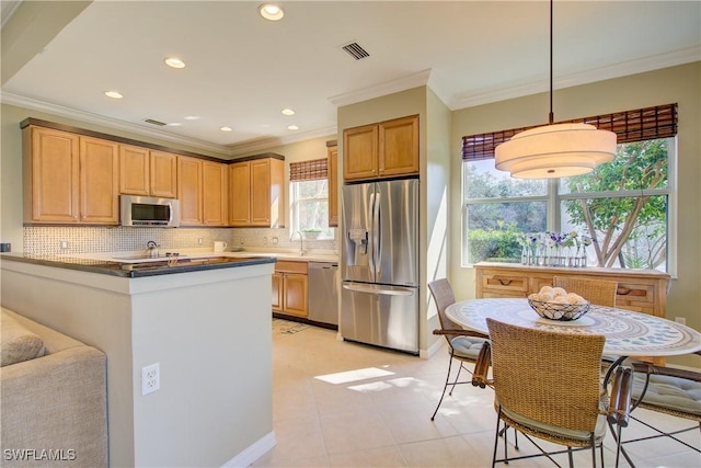 kitchen with sink, crown molding, hanging light fixtures, backsplash, and stainless steel appliances