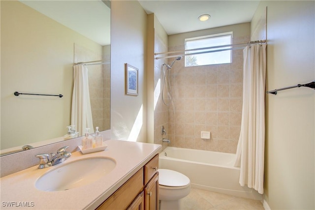 full bathroom with toilet, vanity, shower / bathtub combination with curtain, and tile patterned flooring