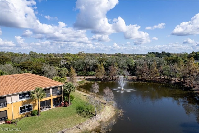 aerial view featuring a water view