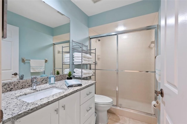 bathroom with toilet, a stall shower, visible vents, tile patterned flooring, and vanity