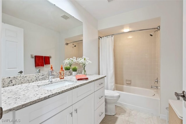 bathroom featuring vanity, shower / tub combo, toilet, tile patterned flooring, and visible vents