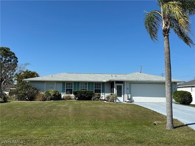 single story home with a garage and a front lawn