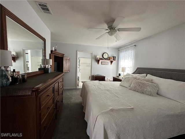 carpeted bedroom featuring ceiling fan