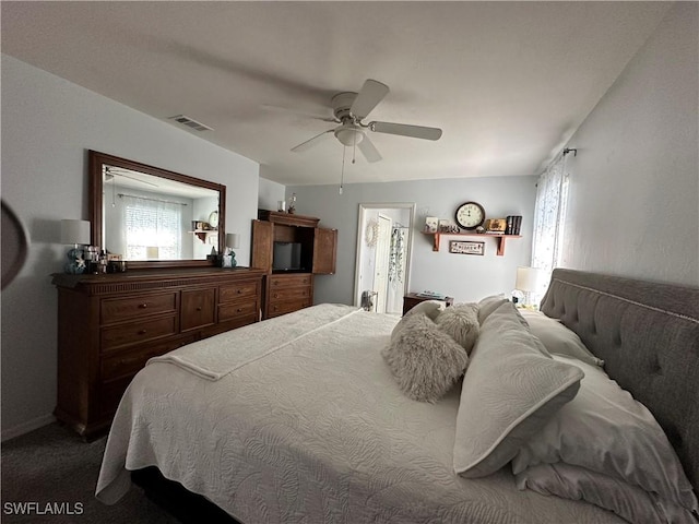 bedroom featuring ceiling fan and carpet