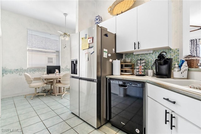 kitchen with white cabinetry, dishwasher, decorative backsplash, ceiling fan, and stainless steel refrigerator with ice dispenser