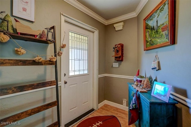 doorway to outside featuring ornamental molding and wood-type flooring