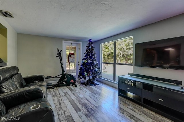 living room with hardwood / wood-style floors and a textured ceiling