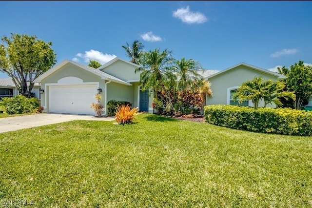 single story home featuring a garage and a front lawn