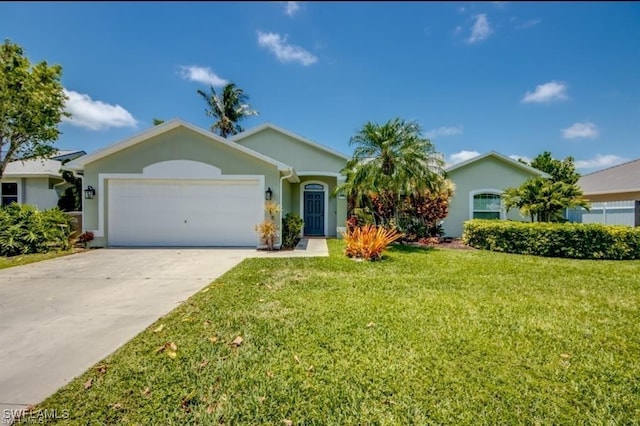 single story home with a garage and a front lawn