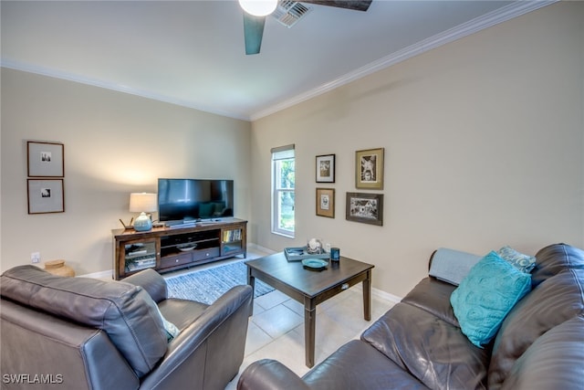 living room with crown molding and ceiling fan