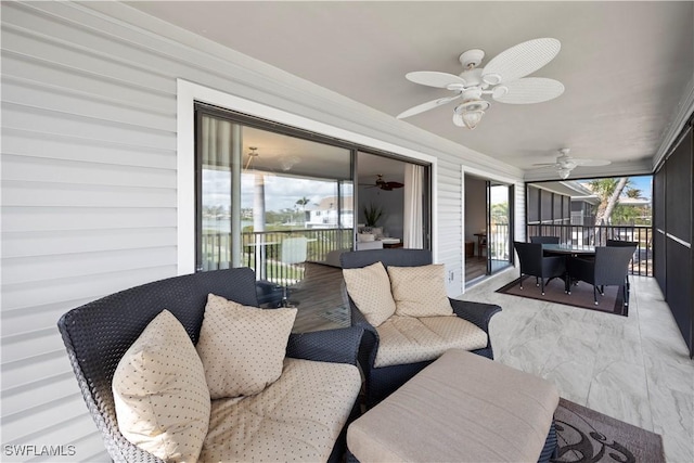 exterior space with ceiling fan