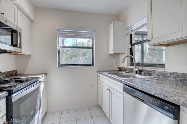 kitchen with white cabinetry, sink, stainless steel appliances, and light tile patterned flooring